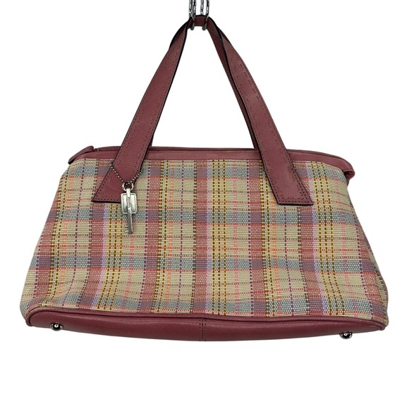 Fossil Plaid Woven Satchel Top Handle Crossbody Bag Purse Key Charm - Picture 1 of 11